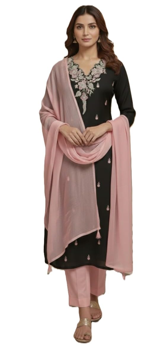 Women’s Black Embroidered Kurta Set with Pink Dupatta & Pants | Ethnic Wear Suit Set-picture-16