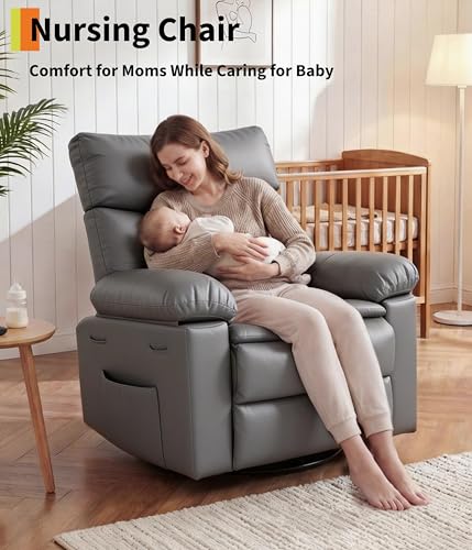 Image of GarveeHome Oversized Wide Rocker Swivel Recliner Chair - PU Leather Manual Recliner for Adults, Large Nursery Chair Lazy Recliner with Comfort Arm and Back for Living Room, Bedroom