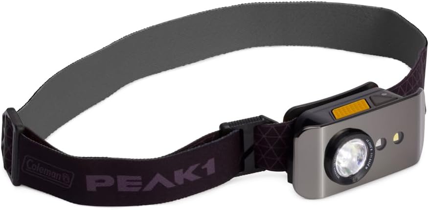 Coleman PEAK1 450L Headlamp with Wireless Solar Charging Case, 6 Adjustable Light Modes, Moisture-Wicking Strap, Great for Backpacking, Hiking, Camping, Emergencies, & More