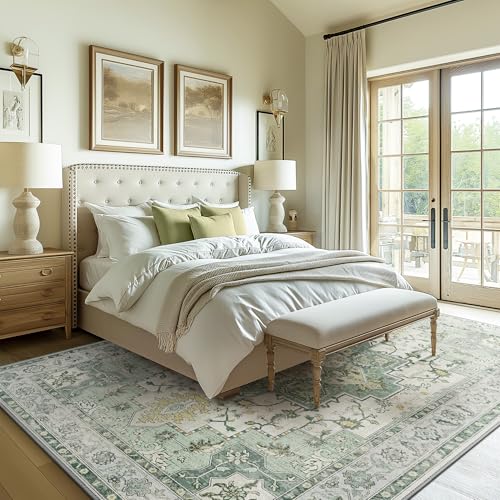 GENIMO 7'6''x9'6'' Area Rugs for Living Room, Machine Washable Non Slip Vintage Rugs, Low Pile Lightweight Chenille Print Rug for Bedroom, Dining Room, Home Office, Green