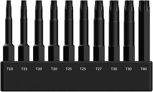 Miniatura 3 de Juego de brocas TORX, Railer 10 piezas 6 puntos TORX Juego de puntas de destornillador S2 de acero T10 T15 T20x2 T25x2 T27 T30x2 T40 Torx Star Bits
