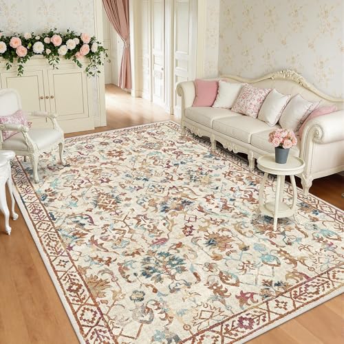 Beige Colorful Vintage Area Rug 5x7 for Living Room Bedroom, Washable Farmhouse Soft Thin Non-Shedding Indoor Throw Rug, Traditional Accent Carpet for Bedroom Office