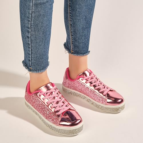 Image of UUBARIS Women's Glitter Tennis Sneakers Neon Dressy Sparkly Sneakers Rhinestone Bling Wedding Bridal Shoes Shiny Sequin Shoes