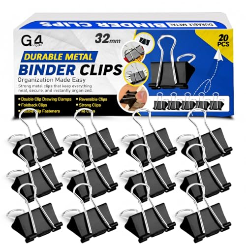 G4GADGET Binder Clips 32mm Black 20 Pack Medium Foldback/Bulldog Clips Strong Metal Paper Binder Clips for Office School Home Filing & Organising
