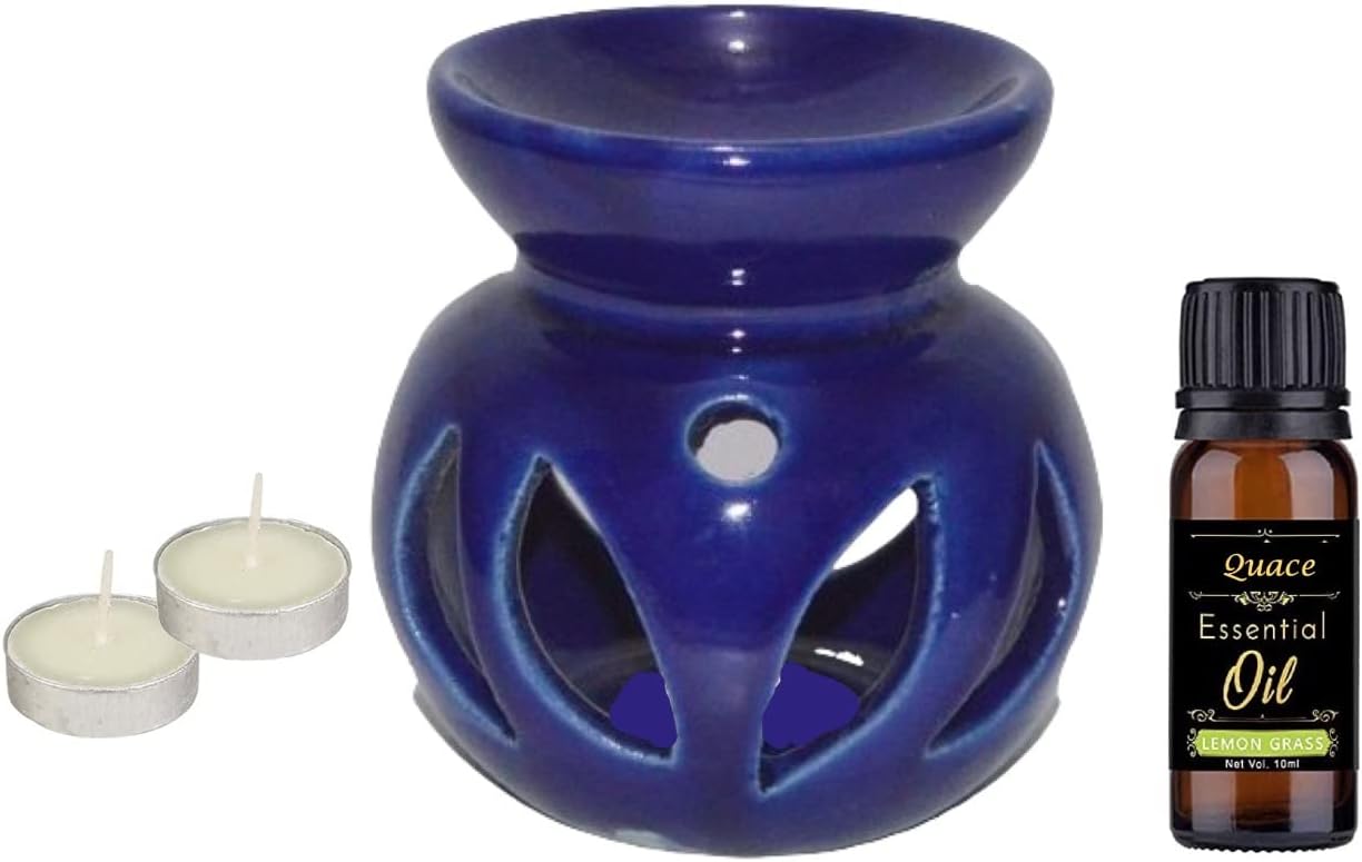 Quace Ceramic Aroma Diffuser Oil Burner with 2 Candles (Blue)