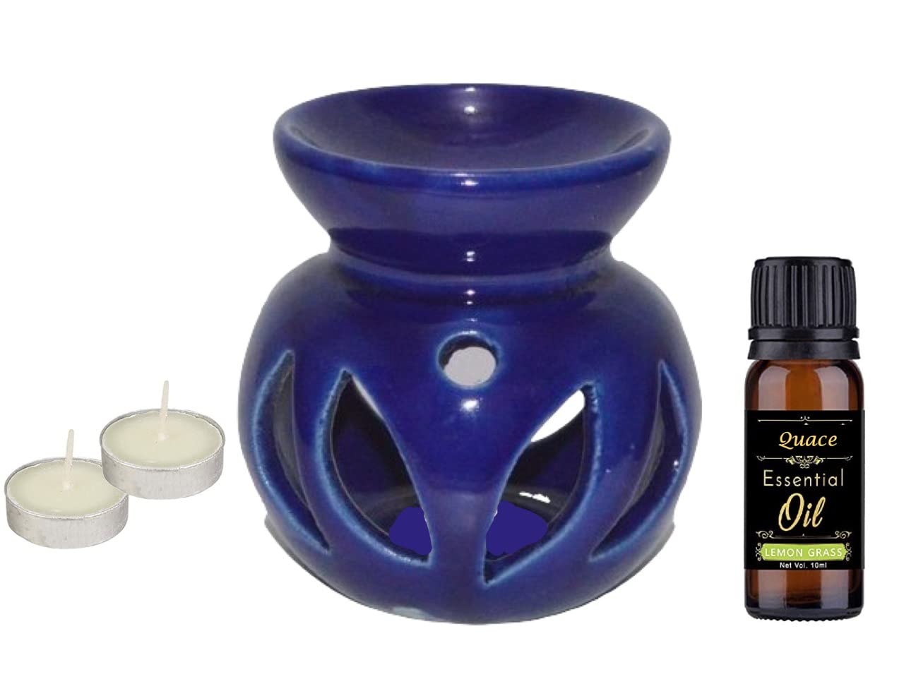Quace Ceramic Aroma Diffuser Oil Burner with 2 Candles (Blue)