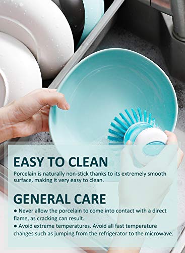 Wide and Shallow Porcelain Salad and Pasta Bowls Set of 6-24 Ounce Microwave and Dishwasher Safe Serving Dishes, Turquoise