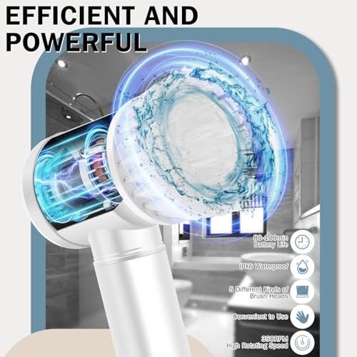 LEKISHE-Electric-Spin-Scrubber-Electric-Cleaning-Brush-Cordless-Power-Scrubber-with-5-Replaceable-Brush-Heads-Handheld-Power-Shower-Scrubber-for-Bathtub-Floor-Wall-Tile-Toilet-Window-Sink