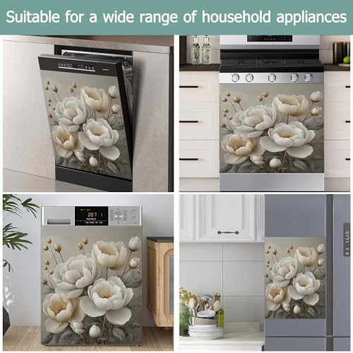 Image of Dishwasher Cover,White Peonies Flower Reusable Dishwasher Magnet Cover,Decorative Modern Art Magnetic Refrigerator Cover Front Panel Cover for Kitchen Decor 23x26 Inch