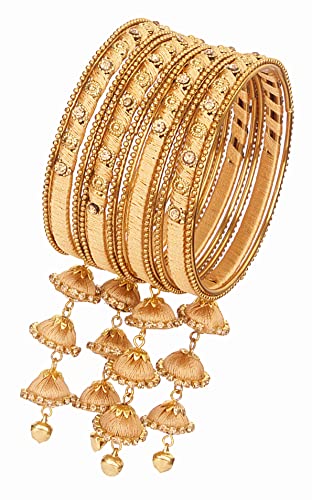 Image of NMII Metal & Silk Thread Jhumka Zircon Latkan Stylish Bangles Set For Women's and Girls | Women's Fancy Latkan Bangles Set | Ethnic Fashion Jewellery- Set of 12 Bangle, (G405 Cream-2.4)