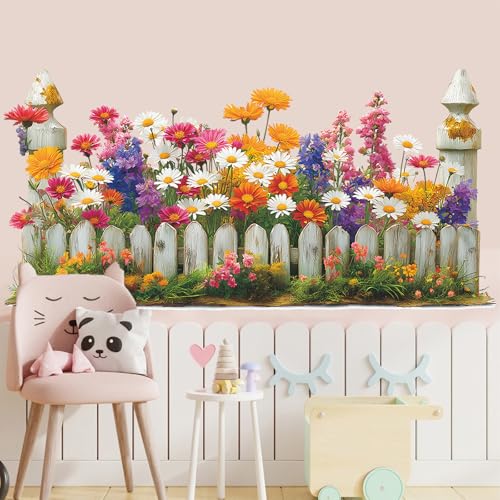 Removable Daisy Flower Fence Wall Decal, Spring Floral Peel and Stick Sticker for Bedroom or Living Room Decor
