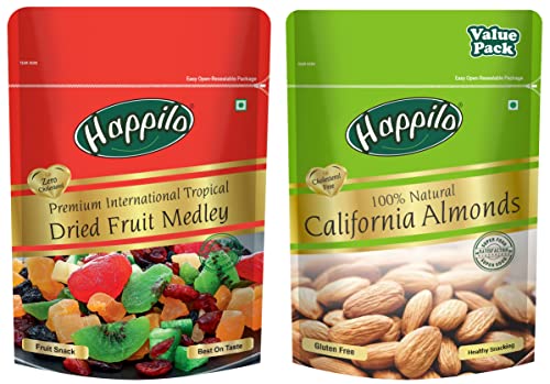 Image of Happilo 100% Natural Premium Californian Almonds Value Pack Pouch,Dried,500g & Premium International Dried Tropical Fruit Medley 200g
