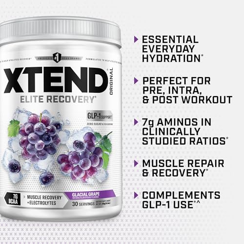 Image of Xtend Original BCAA Powder, 7g BCAAs and 2.5g L-Glutamine for Muscle Recovery Hydration and Lean Muscle, Sugar Free Intra and Post Workout Drink with Electrolytes, Glacial Grape, 30 Servings