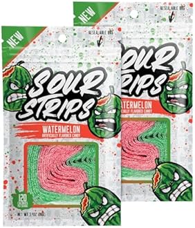 SOUR STRIPS Watermelon Flavored Sour Candy Strips | Deliciously Sour Chewy Candy Belts | Vegan Friendly Candies, 12 Strips per Pack, 2 Pack