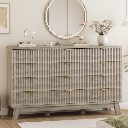 Image of Xixini Fluted Dresser for Bedroom with 12 Drawers, 57 inch Wide Modern Chest of Drawers with Metal Handle, Wooden Dresser TV Stand, Wood Closet Clothes Storage Organizer for Living Room, Hallway, Grey