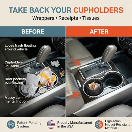 Image of Trash Trapper Car Trash Can Cup Holder | Micro Car Trash Can | Fits Flush in Most Cupholders | 3.5 inch x 3.5 inch | Traps More & Empties Less, Patent-Pending Compaction, Holds Small Garbage, Black /Black