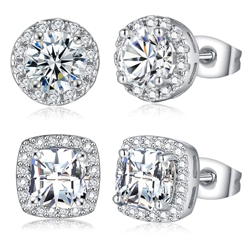 MDFUN Halo Stud Earrings 18K Gold Plated Round & Square Cubic Zirconia Earrings Set for Women