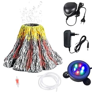Aquarium Vulkan Ornament Kit mit Luftpumpe, LED-Licht Farbwechselnden Aquarium Volcano Deko-Set für Fischtank, Ornament Fisch Tank Decor