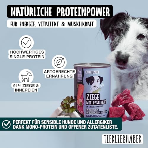 TIERLIEBHABER – Hundefutter Nass 800g 6X Ziege mit Pastinake – Von Tierärzten entwickelt – Nassfutter Hund mit 91% Fleischanteil – Dog Food als Hundenassfutter 800g Dosen