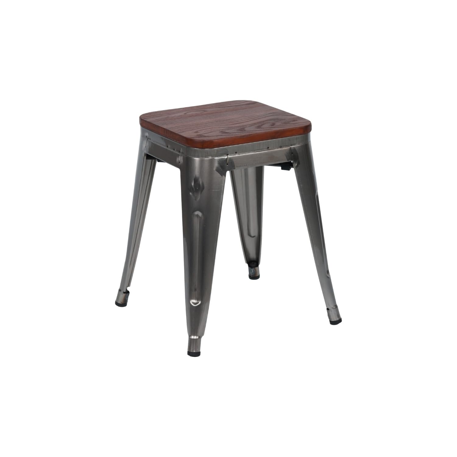 THINIA HOME Pack 4 Taburetes Bajos Industriales Apilables de Acero y Madera 38x38x46cm