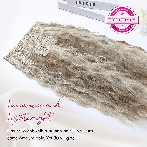REECHO Clip in Extensions, 5 Teile Haarverlängerungen zum Einclipsen dicke lange lockere Wellen Haarverlängerungen Unsichtbare Spitze Flechte Natürliche - Aschbraun mit Platium-Highlights