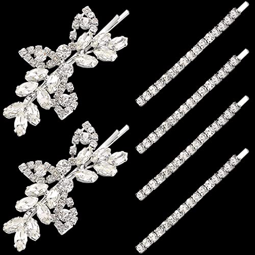 6 Pieces Rhinestone Bridal Hair Clips Leaf Wedding Hair Pins Crystal Bobby Pins Silver Hairpin Jewelry Barrette For Brides Bridesmaids Flower Girls #TOP16