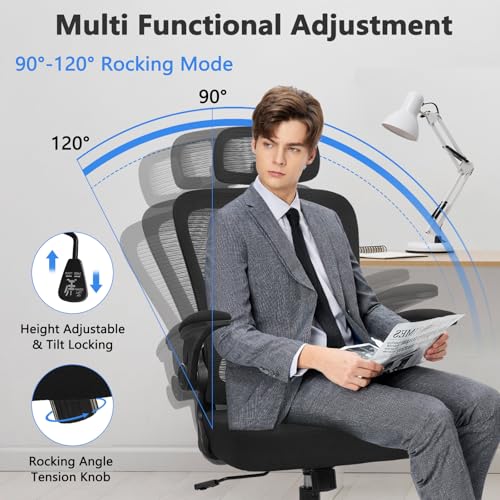 Image of KLASIKA Desk Chairs with Wheels, Ergonomic Mesh Back Home Office Chair with Headrest, Adjustable Lumbar Support Swivel Rolling Computer Chairs with Flip Up Arms for Conference Meeting Room, Black, 8PK