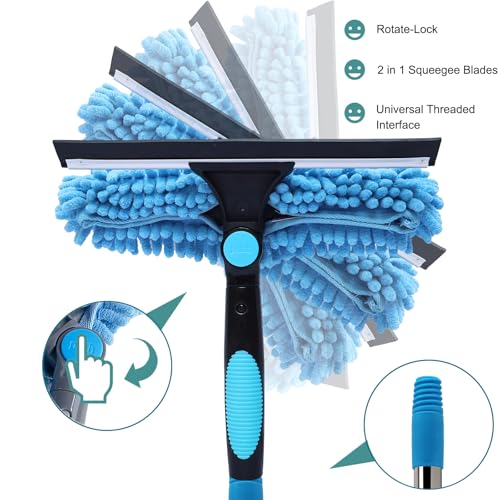 Image of 20+ Feet Reach Blue 2 in 1 Window Washing Squeegee & Duster with 3-14 ft Spliceable Extension Pole / / Window Cleaning Tool & Window Washer Squeegee for Home Indoor Outdoor Window Washing