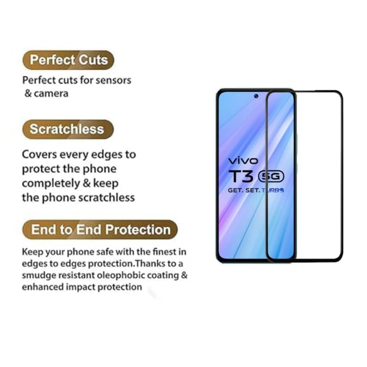 Image of Tempered Glass Screen Protector Compatible For Vivo T3 5G Smartphone Full Screen Coverage (Except Edge To Edge) And Free Complete Easy Installation Kit