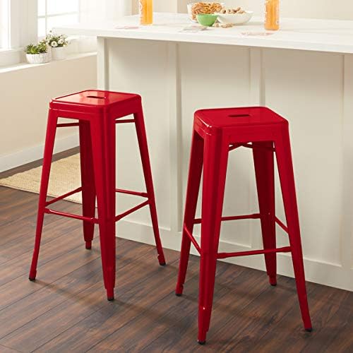 Set of Two Tabouret 3503-30 30-inch Backless Metal Counter Stools - Red