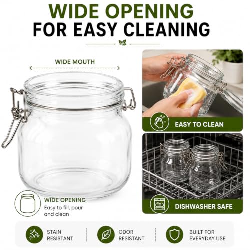 Image of Vasukie 1000ML Glass Jars With Airtight Leak Proof Lids | Wide Mouth Storage Canister Jars Perfect for Kitchen Canning, Dry Food, Spices, Pickle, Coffee, Tea, Snacks, Sugar, and More (Pack of 2)