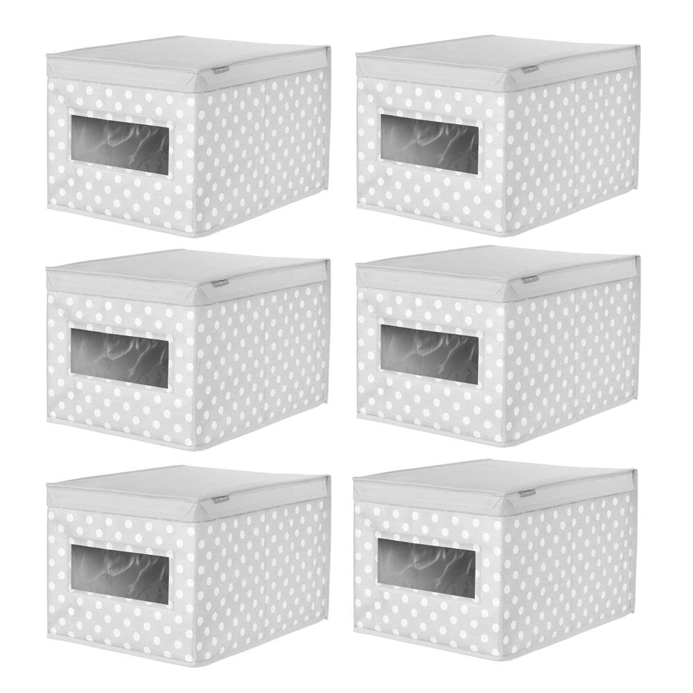 mDesign Set da 6 scatole portaoggetti impilabili con Finestra Trasparente – Box Grande con Coperchio per la Stanza dei Bimbi – Cesta per Vestiti in Fibra Sintetica a Pois – Grigio ianco