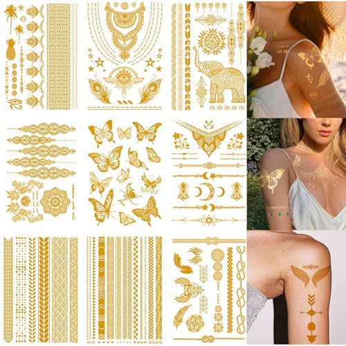 Tatuaggi Temporanei Lezed,9 Fogli Di Tatuaggi Temporanei d'Oro,Accessori Per Tatuaggi Del Festival Metallico,È Usato Per Gli Accessori Quotidiani Per Celebrazioni Per Vacanze Delle Ragazze.