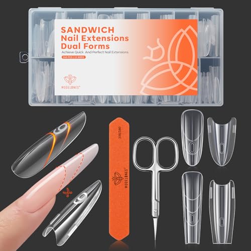 Modelones Poly Nail Gel Sandwich Nail Form Dual System 240 Pcs Reusable Top & Bottom Oval Coffin Nail Forms with Guide Lines Side Locking Clips Stable Apex Control Builder Gel Structure Extensions