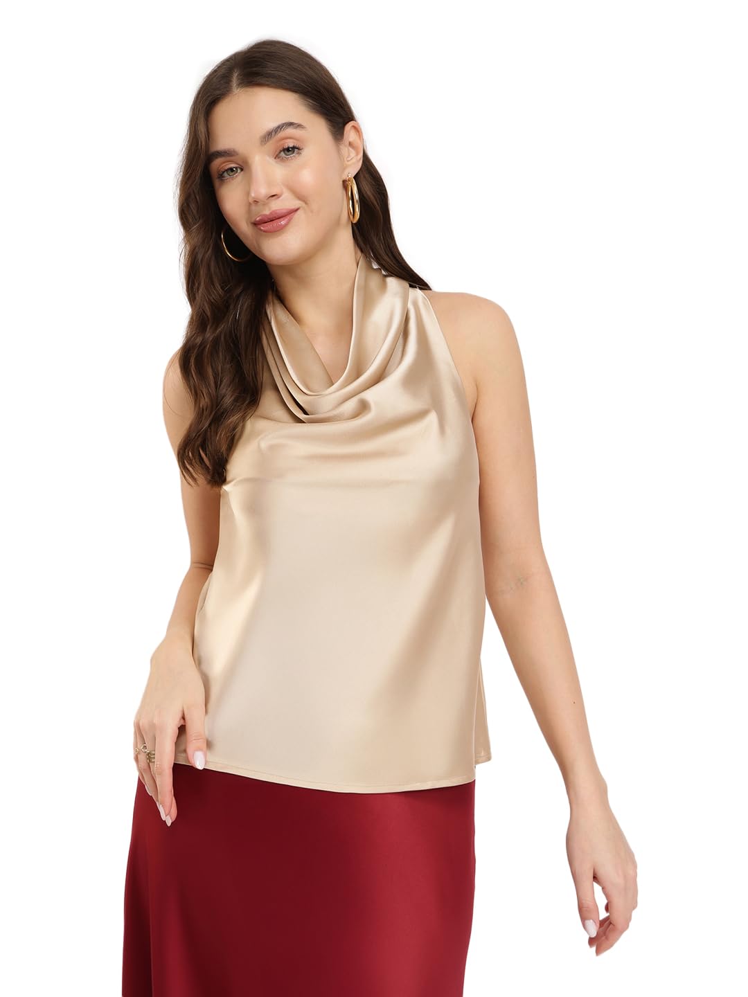 fablestreet Stretchable Top | Cowl Halter Neck Regular Fit Flowy Satin | Perfect for Evenings-picture-31