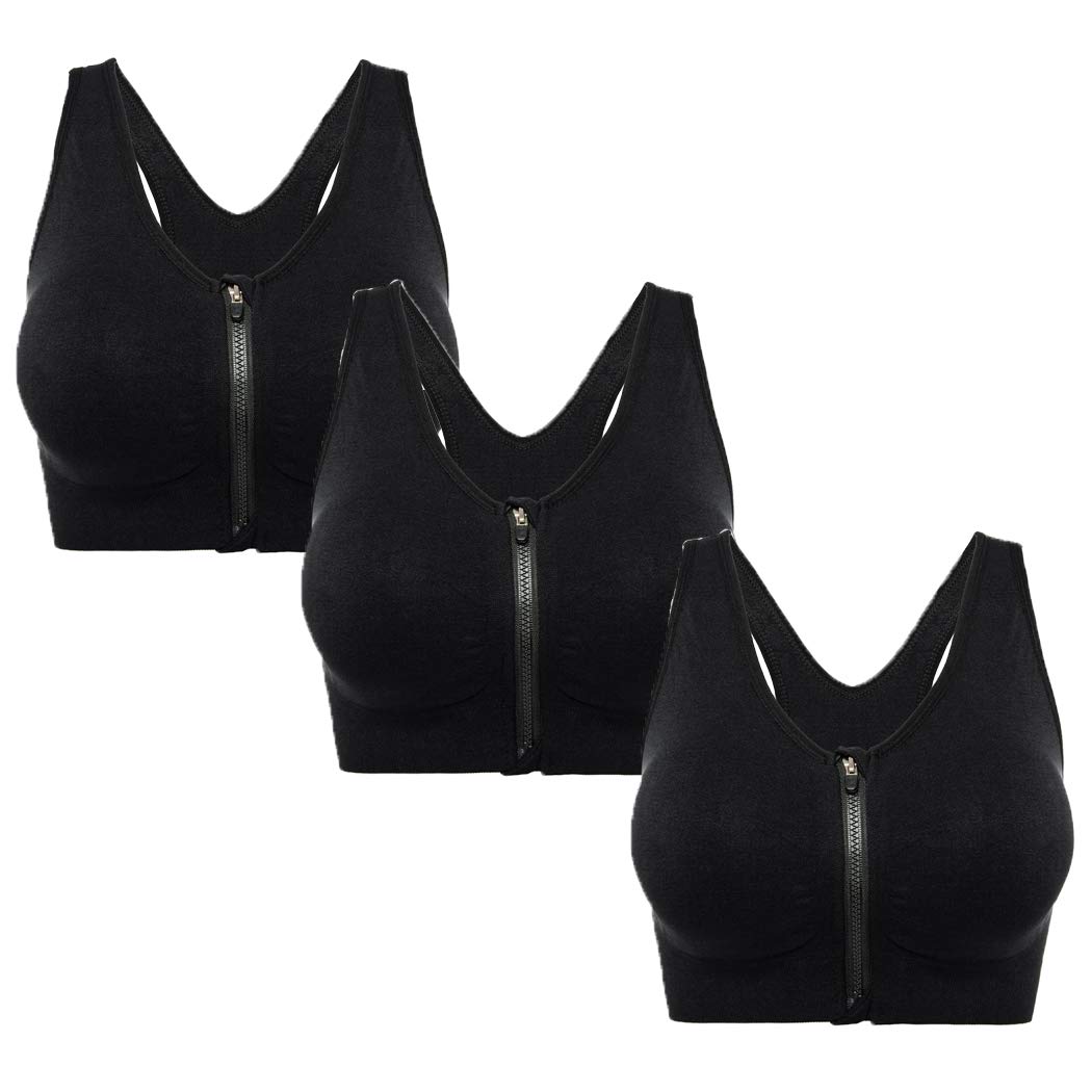 FLORATAWomen's Zip Front Closure Sports Bra - Seamless Wirefree Post Surgery Bra Removable Cups Workout Yoga Sport Bra