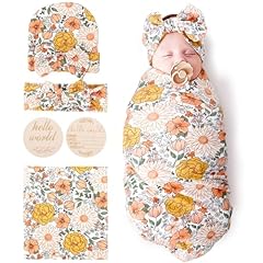 1 Floral Set C: Blanket + Bow Hat + Headband + Birth Announcement Card