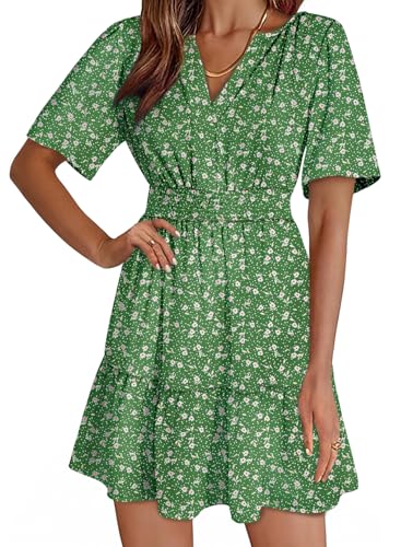 Image of Dokotoo Womens Summer Dresses 2026 Boho Floral Short Sleeve V Neck Smocked Waist Casual A-Line Swing Mini Dress Sundress