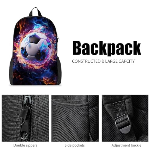 Soccer Backpack Set for School, 17 Inch Casual School Bags with Lunch Box, Kids Daypack Bags and Pencil Case Set for Teens Boys Men Students3