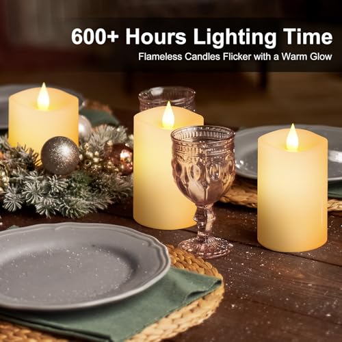 Image of 3PCS, 3 x 5 inches Flameless Candle with Remote Control, 3D Flickering Wick, Real Wax, Battery Candles,with Timer,Battery Powered Candles,for Holiday Home Decor,Ivory