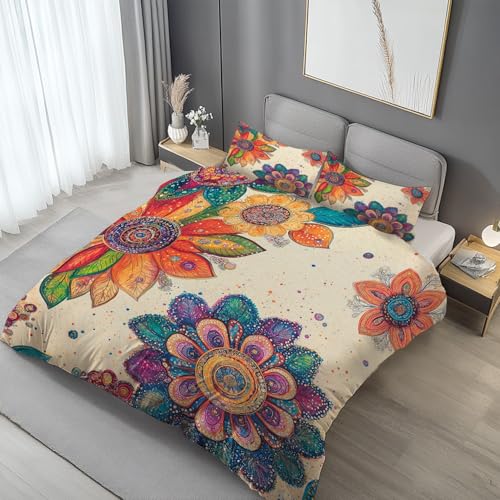 Housse de couette fleurs mandala microfibre 240x280 avec zip fluide