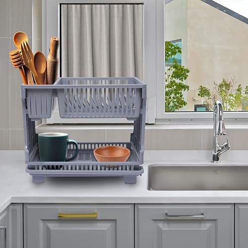 Image of Kuber Industries Dish Rack | Plastic Dish Rack With Drainer | Drying Basket With Tray | Kitchen Drying Rack With Tray | Bartan Stand For Kitchen | Bartan Jali Rack | Gray, 48X29X40 Cm