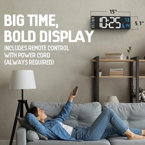 Image of Opis Clock 1 (XXL 16'' White & Blue): The Colorful Retro Rectangular Digital Wall Clock, Digital Clock Wall, Digital Clock with Temperature, Timer and Counter