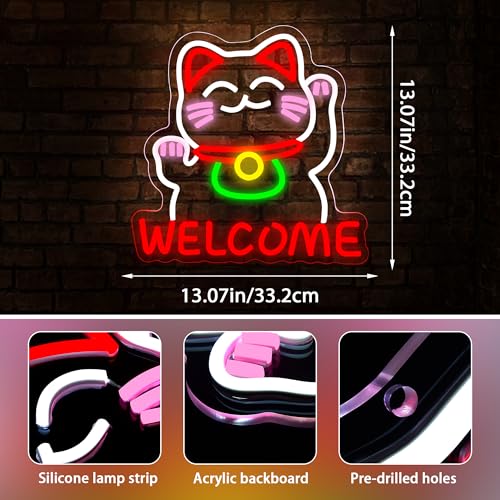 Image of Welcome Cat Neon Sign for Wall Decor Dimmable Lucky Cat Business Neon Light Suitable for Man Cave Store Shop Bar Restaurant Commercial Street Christmas Birthday Gift Size13*13In(WZCP012)