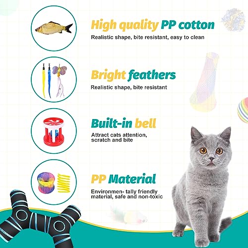 TAVADA 33 pcs Katzenspielzeug Set mit Katzentunnel,Katzenspielzeug mit Katzentunnel,Kätzchen Maus Spielzeug Set,Katzen Spielzeug,Plüschspielzeug,Federspielzeug für Kitty Katzen