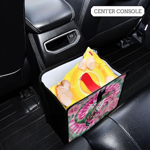 Image of Car Trash Can Organizer Bin with Adjustable Strap for Back Front Seat Console Waterproof Leakproof Collapsible Portable 8.66 Inch Tie Dye Dinosaur Pink Green