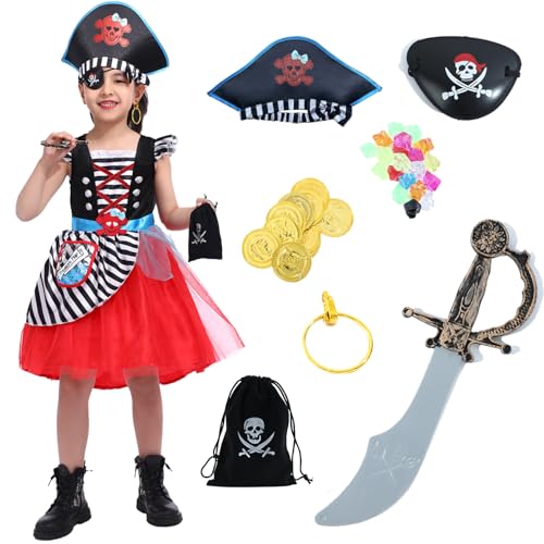Rabtero Ropa de pirata infantil, vestidos de princesa pirata de lujo actualizados para niñas, 7 accesorios pirata, para niños de 7-8 años