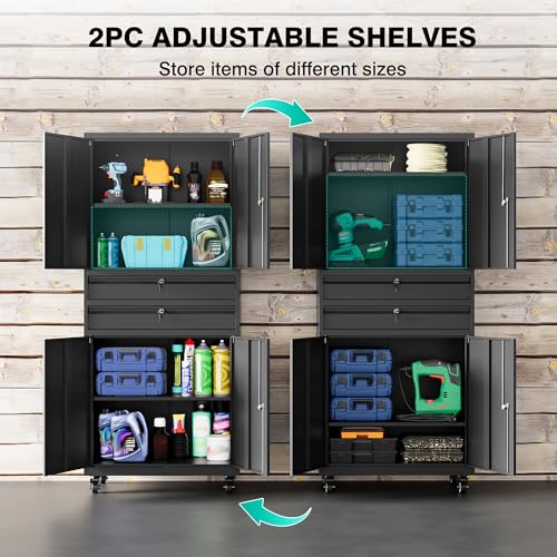 Image of Metal Storage Cabinet with Wheels and Drawers,Rolling Garage Storage Cabinet with Locking Doors and Adjustable Shelves,73 inch Mobile Tall Large Metal Tool Cabinets with Locks for Home,Office,Garage
