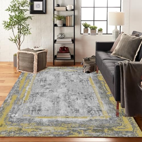 Yellow Grey Striped Pattern Modern Abstract Area Rug 5x8 Non