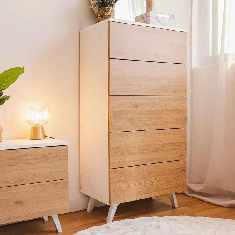Meyvaser.com Ecommerce Company Sinfonier con 5 Cajones y con Patas, Comoda Cajonera Dormitorio, Color Roble y Blanco, 60cm (Ancho) x 118,5cm (Alto) x 37,8cm (Fondo)